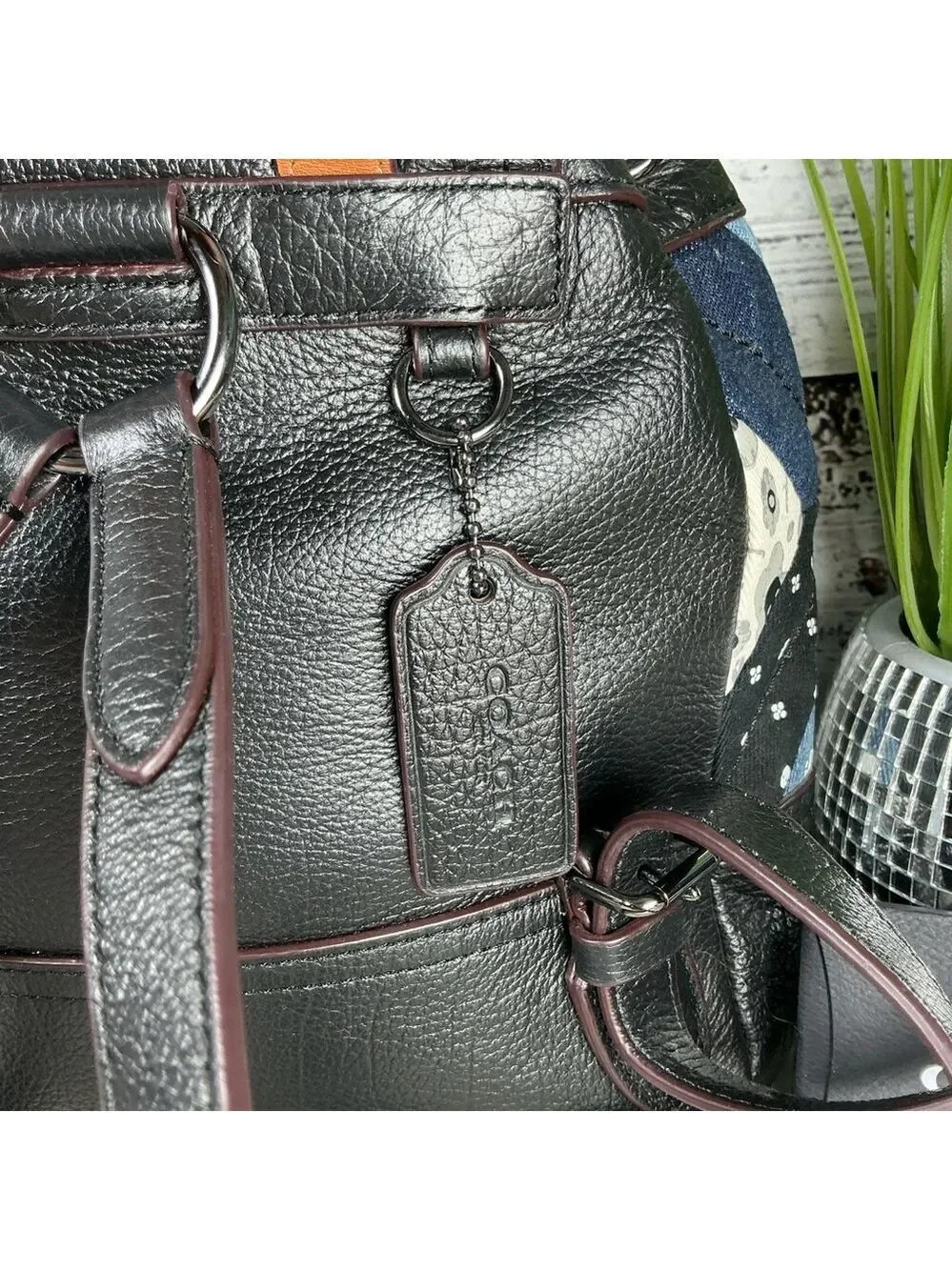 Coach Bag Black and Blue Denim Skulls Quilted Patchwork Turnlock Backpack School